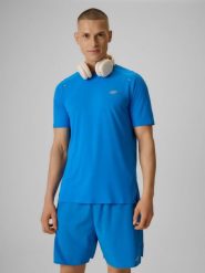 4F Koszulka do biegania szybkoschnąca męska - niebieska L. Niebieskie t-shirty męskie 4F, l, bez wzorów, z materiału, bez kołnierzyka, bez ramiączek. Za 119.99 zł.