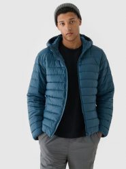 4F Kurtka puchowa z syntetycznym wypełnieniem męska - morska S. Niebieskie kurtki sportowe męskie 4F, m, bez wzorów, z dzianiny, z kapturem. W wyprzedaży za 139.99 zł.