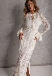 Beżowa Taliowana Sukienka z Koronki Zdobiona Wiązaniem przy Szyi Terienna. Brązowe sukienki damskie Renee, na imprezę, na lato, l, z aplikacjami, z koronki, bez kołnierzyka, bez ramiączek, maxi, oversize. Za 189.99 zł.