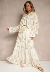 Beżowy Wiskozowy Komplet Boho z Koszulą o Nietoperzowym Kroju i Spódnicą Separia. Brązowe koszule damskie Renee, l, z aplikacjami, z materiału, boho, bez kołnierzyka, bez ramiączek. Za 169.99 zł.