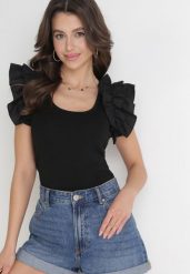 Czarny Top z Falbankami przy Ramionach Luciya. Czarne topy damskie Born2be, bez wzorów, z tkaniny, bez kołnierzyka, bez ramiączek. Za 89.99 zł.
