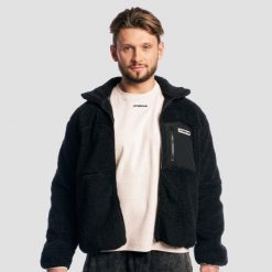 Kurtka męska fitness oversize z zamkiem czarna Sherpa. Czarne kurtki męskie GYMBEAM, l, bez wzorów, z materiału, bez kaptura. Za 195.90 zł.