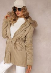 Beżowa Kurtka Parka z Kapturem i Ozdobnym Futerkiem Dioneta. Brązowe kurtki damskie Renee, na zimę, l, bez wzorów, z materiału, z kapturem. Za 259.99 zł.
