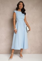 Niebieska Rozkloszowana Sukienka z Wiązaniem i Dekoltem w Kształcie Łódki Alanira. Niebieskie sukienki damskie Renee, na co dzień, m, bez wzorów, eleganckie, bez kołnierzyka, bez ramiączek, midi, kopertowe. Za 119.99 zł.