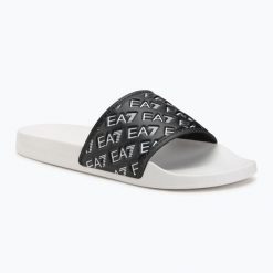 Klapki EA7 Emporio Armani Water Sports All Over. Czarne klapki damskie EA7 Emporio Armani, na lato, z aplikacjami, z materiału, sportowe, bez obcasa, bez zapięcia. Za 149.99 zł.