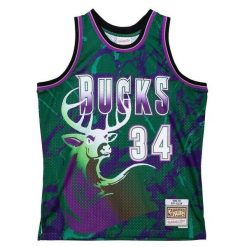 Koszulka Milwaukee Bucks Ray Allen Team Swingman 1996/97. Zielone bluzki damskie Mitchell & Ness, bez wzorów, z poliesteru, sportowe, bez kołnierzyka, bez ramiączek. Za 636.50 zł.