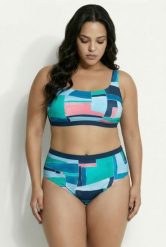 Damskie Bikini graficzny nadruk miękkie miseczki regulowane ramiączka. Niebieskie stroje kąpielowe damskie Ulla Popken, plus size, bez wzorów, z elastanu. Za 191.99 zł.
