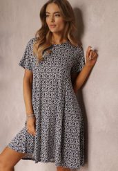 Granatowa Sukienka Mini z Krótkimi Rękawami i Wzorem w Kwiaty Cassatha. Niebieskie sukienki damskie Renee, na lato, l, bez wzorów, bez kołnierzyka, bez ramiączek, mini, rozkloszowane. Za 59.99 zł.