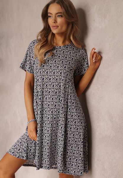 Granatowa Sukienka Mini z Krótkimi Rękawami i Wzorem w Kwiaty Cassatha. Niebieskie sukienki damskie Renee, na lato, l, bez wzorów, bez kołnierzyka, bez ramiączek, mini, rozkloszowane. Za 59.99 zł.