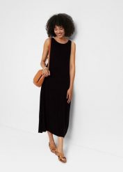 Sukienka z dżerseju z wiskozy pochodzącej ze zrównoważonych źródeł. Czarne sukienki damskie bonprix, bez wzorów, z dżerseju, bez kołnierzyka, bez ramiączek, maxi. Za 109.99 zł.