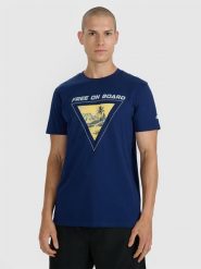 4F T-shirt regular z nadrukiem męski - granatowy XL. Niebieskie t-shirty męskie 4F, m, bez wzorów, z bawełny, bez kołnierzyka, bez ramiączek. Za 69.99 zł.