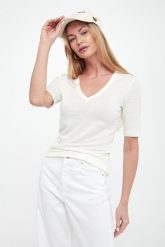 T-shirt damski lniany Opzione WEEKEND MAX MARA. T-shirty damskie Weekend Max Mara, xs, bez wzorów, ze lnu, bez kołnierzyka, bez ramiączek. W wyprzedaży za 463.20 zł.