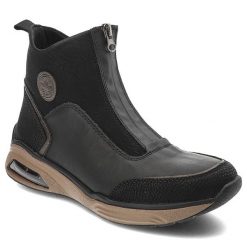 Czarne Botki Rieker Modne Obuwie Damskie. Czarne obuwie sportowe damskie Rieker, na wiosnę, bez wzorów, z materiału, bez zapięcia, trekkingowe. Za 369.00 zł.