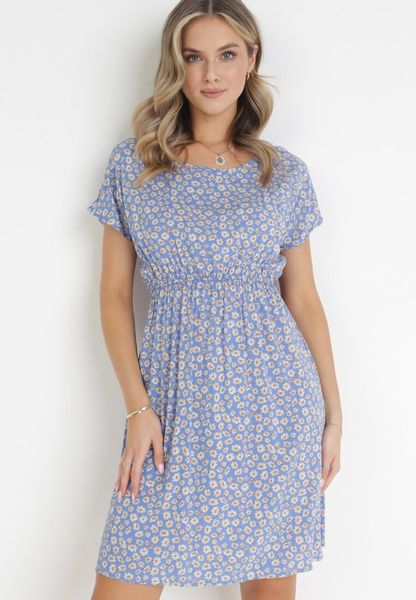 Niebieska Wiskozowa Rozkloszowana Sukienka z Gumką w Talii w Kwiaty Heidene. Niebieskie sukienki damskie Born2be, l, bez wzorów, z wiskozy, bez kołnierzyka, bez ramiączek, mini, rozkloszowane. Za 39.99 zł.