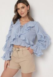 Niebieska Bluzka z Wiązaniem i Falbankami z Dodatkowym Topem na Ramiączkach Mirasiela. Niebieskie bluzki damskie Born2be, m, z aplikacjami, z jeansu, eleganckie, bez kołnierzyka, bez ramiączek. Za 169.99 zł.