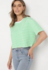 Biały Krótki T-shirt z Prążkowanej Tkaniny Teloma. Białe t-shirty damskie Renee, l, bez wzorów, z jeansu, eleganckie, bez kołnierzyka, bez ramiączek. W wyprzedaży za 31.99 zł.