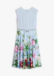 Sukienka midi z koronką. Niebieskie sukienki damskie bonprix, bez wzorów, z dzianiny, bez kołnierzyka, bez ramiączek, midi. Za 249.99 zł.