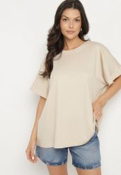 Beżowy T-shirt z Wiskozą o Kroju Nietoperza Tanariona. Brązowe t-shirty damskie Born2be, bez wzorów, z jeansu, bez kołnierzyka, bez ramiączek. Za 64.99 zł.