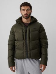 4F Kurtka zimowa puchowa z wypełnieniem naturalnym męska - khaki M. Brązowe kurtki męskie 4F, na zimę, m, bez wzorów, z materiału, klasyczne, bez kaptura. Za 699.99 zł.
