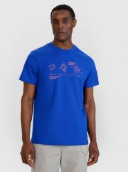 4F T-shirt regular z nadrukiem męski - niebieski L. Niebieskie t-shirty męskie 4F, l, bez wzorów, z bawełny, bez kołnierzyka, bez ramiączek. W wyprzedaży za 49.99 zł.