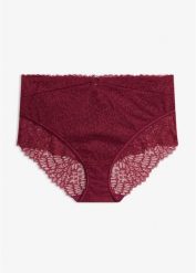 Figi z wysokim stanem z delikatnej koronki. Fioletowe majtki damskie bonprix, z koronki. Za 49.99 zł.