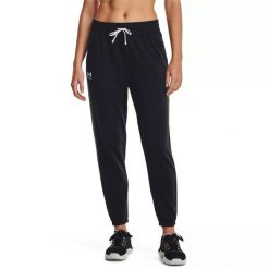 Spodnie dresowe damskie Under Armour Rival Terry Jogger. Czarne spodnie dresowe damskie Under Armour, bez wzorów, z dresówki, sportowe, na fitness i siłownię. Za 149.99 zł.