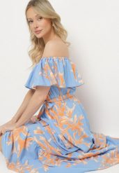 Niebieska Sukienka Hiszpanka o Rozkloszowanym Kroju z Wiązanym Paskiem Sesiniela. Niebieskie sukienki damskie Born2be, na co dzień, l, bez wzorów, eleganckie, bez kołnierzyka, bez ramiączek, maxi, rozkloszowane. Za 64.99 zł.