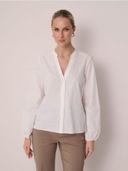 Żakardowa koszula z bufiastym rękawem - kremowy. Białe koszule damskie Sinsay, l, bez wzorów, z żakardem, bez kołnierzyka, bez ramiączek. Za 39.99 zł.