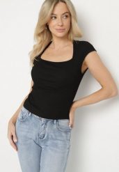 Czarny Dopasowany T-shirt z Wiskozą w Prążki z Kwadratowym Dekoltem Alannia. Czarne t-shirty damskie Born2be, m, bez wzorów, z bawełny, biznesowe, bez kołnierzyka, bez ramiączek. Za 44.99 zł.