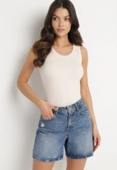 Jasnobeżowy Top Bawełniany z Prążkowane Dzianiny Efrima. Brązowe topy damskie Born2be, l, bez wzorów, z bawełny, eleganckie, bez kołnierzyka, bez ramiączek. Za 59.99 zł.