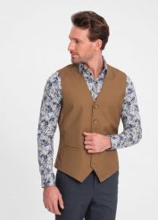 Ombre Kamizelka męska garniturowa bez klap - karmelowa V1 OM-BLZV-0112 L. Garnitury męskie Ombre, l, bez wzorów. Za 139.99 zł.