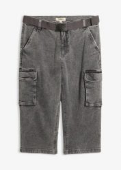 Jeansy bojówki 3/4 ze stretchem i paskiem, relaxed fit. Szare jeansy męskie bonprix, z jeansu. Za 64.99 zł.