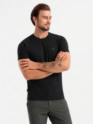 Męska koszulka z okrągłym dekoltem i logotypem SLIM FIT – czarna V3 OM-TSCT-0220 - XXL. Czarne t-shirty męskie Ombre Clothing, l, bez wzorów, z bawełny, bez kołnierzyka, bez ramiączek. W wyprzedaży za 24.99 zł.