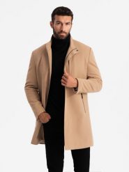Strukturalny dopasowany płaszcz męski z wysokim kołnierzem – jasnobrązowy V4 OM-COWC-0117 - XXL. Brązowe płaszcze męskie Ombre Clothing, l, z aplikacjami, z materiału, eleganckie, bez kołnierzyka, bez kaptura. Za 311.99 zł.