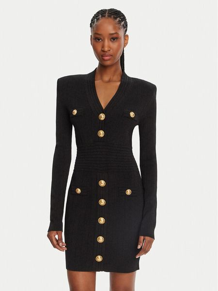 Balmain Sukienka dzianinowa DF1R8059KB07 Czarny Regular Fit. Czarne sukienki damskie Balmain, bez wzorów, z dzianiny, bez kołnierzyka, bez ramiączek. Za 8,549.00 zł.