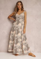 Beżowa Sukienka Madelene. Brązowe sukienki damskie Renee, na wesele, l, z aplikacjami, bez kołnierzyka, bez ramiączek, maxi, rozkloszowane. Za 84.99 zł.