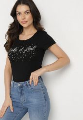 Czarny Bawełniane T-shirt z Cyrkoniami i Napisem Readia. Czarne t-shirty damskie Born2be, l, bez wzorów, z bawełny, klasyczne, bez kołnierzyka, bez ramiączek. Za 34.99 zł.