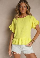 Żółta Bluzka Oversize Ozdobiona Falbanami Liriele. Żółte bluzki damskie Renee, bez wzorów, z jeansu, bez kołnierzyka, bez ramiączek. Za 44.99 zł.