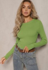 Jasnozielony Casualowy Sweter z Prążkowanego Materiału Zintra. Zielone swetry nierozpinane damskie Renee, m, bez wzorów, z jeansu, casualowe, bez kołnierzyka, bez ramiączek. Za 69.99 zł.