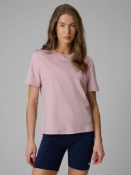 4F T-shirt regular gładki damski - różowy M. Czerwone t-shirty damskie 4F, m, bez wzorów, z materiału, bez kołnierzyka, bez ramiączek. Za 79.99 zł.