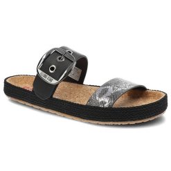 Klapki damskie Big Star, materiał syntetyczny z regulowanym paskiem zapinanym na klamrę profilowaną wkładką, czarne wężowe, JJ274726. Czarne klapki damskie BIG STAR, bez wzorów, z materiału, retro, bez obcasa, bez zapięcia. Za 109.00 zł.