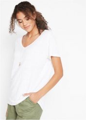 T-shirt z czystego lnu. Białe t-shirty damskie bonprix, bez wzorów, ze lnu, eleganckie, bez kołnierzyka, bez ramiączek. Za 109.99 zł.