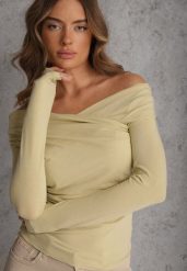 Zielona Marszczona Bluzka z Bawełną i Dekoltem w Łódkę Orinlia. Zielone bluzki damskie Renee, l, bez wzorów, z bawełny, eleganckie, bez kołnierzyka, bez ramiączek. Za 99.99 zł.