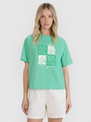 4F T-shirt oversize z nadrukiem damski - zielony XS. Zielone koszulki sportowe damskie 4F, s, bez wzorów, z bawełny, bez ramiączek. W wyprzedaży za 39.99 zł.