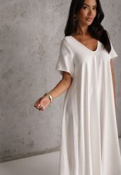 Biała Sukienka Oversize z Wiskozy Ozdobiona Cyrkoniami Erone. Białe sukienki damskie Renee, m, bez wzorów, z wiskozy, bez kołnierzyka, bez ramiączek, midi, oversize. Za 119.99 zł.