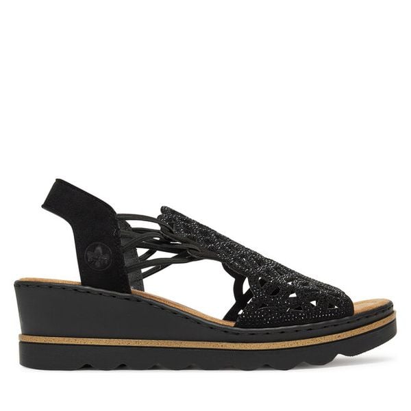 Sandały Rieker. Czarne sandały damskie Rieker, bez wzorów, bez obcasa, na koturnie, bez zapięcia. Za 349.99 zł.