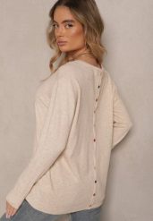 Beżowy Sweter z Kaszmirem Ozdobiony Kieszeniami Saniswena. Brązowe swetry nierozpinane damskie Renee, uniwersalny, bez wzorów, z kaszmiru, casualowe, bez kołnierzyka, bez ramiączek. Za 74.99 zł.