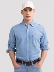 Koszula męska z imitacji jeansu niebieska Jason 147. Niebieskie koszule męskie BIG STAR, na lato, l, bez wzorów, z denimu, klasyczne, bez kołnierzyka, bez ramiączek. W wyprzedaży za 119.99 zł.