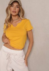 Żółty Bawełniany T-shirt Ozdobiony Guzikami Lisamaris. Żółte t-shirty damskie Renee, s, bez wzorów, z bawełny, klasyczne, bez kołnierzyka, bez ramiączek. Za 24.99 zł.