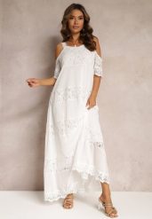 Biała Maxi Sukienka Na Ramiączkach z Wycięciami o Trapezowym Fasonie Mahkai. Białe sukienki damskie Renee, bez wzorów, z bawełny, boho, bez kołnierzyka, bez ramiączek, maxi, trapezowe. Za 129.99 zł.